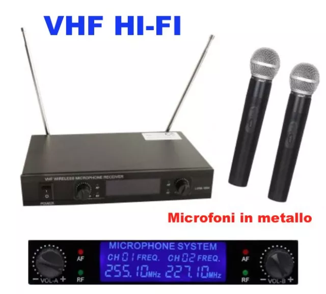 DOPPIO RADIOMICROFONO PROFESSIONALE VHF MICROFONI WIRELESS (coppia + centralina)