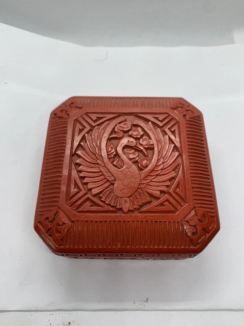 Red Lacquer Chinese Cinnabar Jewelry Box - 3 1/2" X 3 1/2"