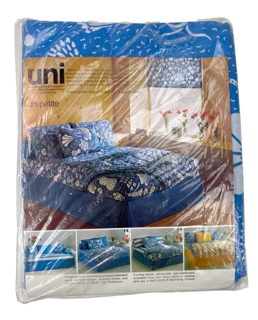 Full Flat Sheet Uni Petite Perma Prest Percale Sky Blue Floral Sears Finland '77