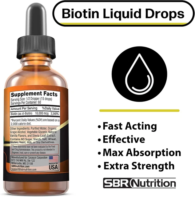 MAX ABSORPTION BIOTIN Liquid Drops, 10000mcg of Biotin Per Serving, 60 ...