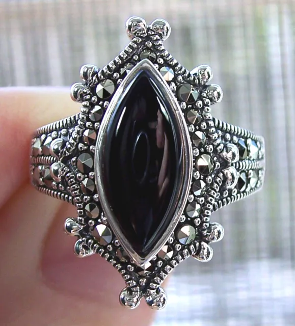 Marquise Black Onyx & Marcasite Ring 925 Sterling Silver Women's Sizes 6-11