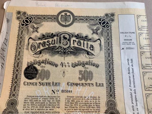 500 Lei 1912 City of Braila Romania Bond Stock Certificate uncancelled cupons 500 Lei 1912 City of Braila Romania Bond Stock Certificate uncancelled cupons