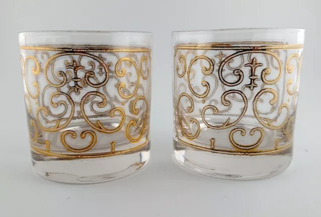 2 Georges Briard Spanish Gold Scroll Rocks Old Fashioned Glasses Barware