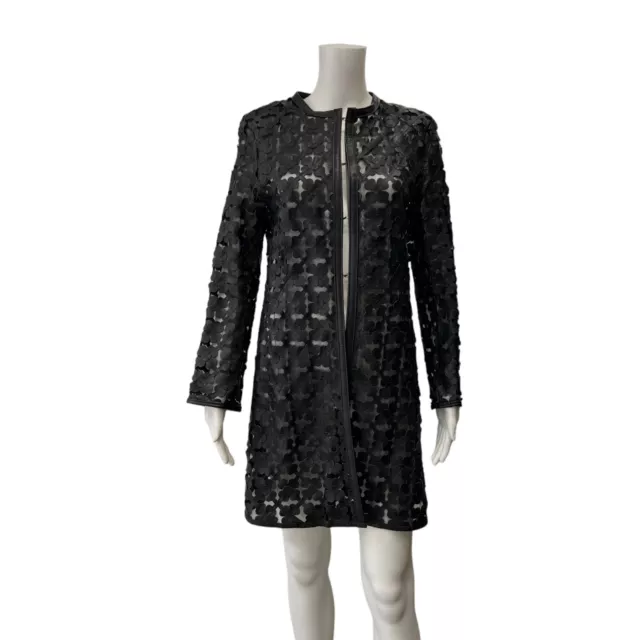 $1260 Caban Romantic Black Laser Cut Floral Midi Leather Jacket Coat sz 10/46