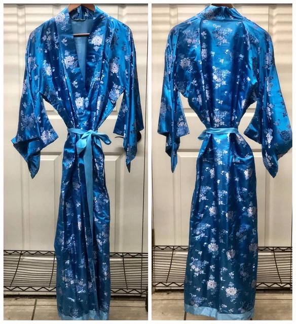 VTG ‘50s 100% Silk “Teal Chrysanthemum” 53” Metallic Brocade Kimono Robe JAPAN