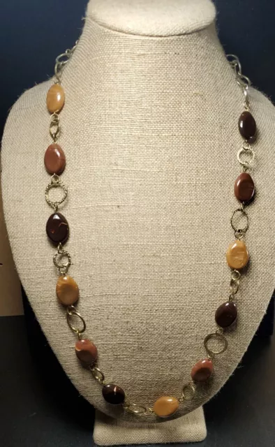 Gold Tone With Tan And Brown Beads Necklace Clasp