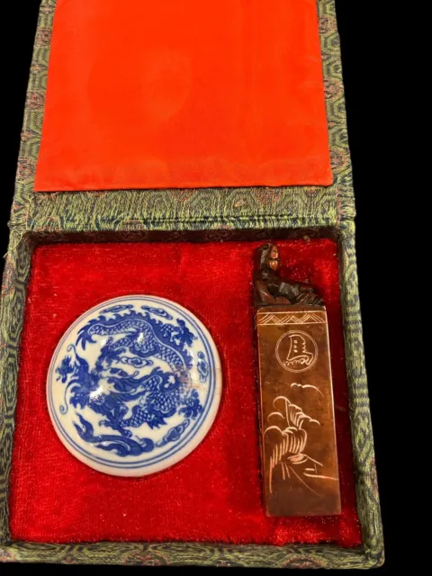 Vintage Chinese Sealing Wax & Stone Dragon Stamp With Original Box