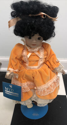 Marian Yu Design Porcelin Doll Girl, Orange Dress, Black Hair, 17