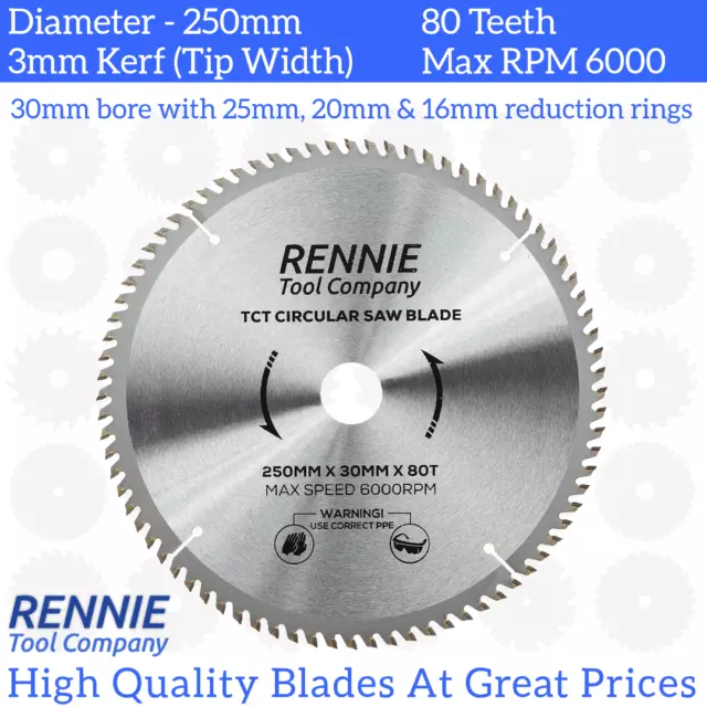 250mm x 80T x 30mm TCT Circular Wood Saw Blade For Bosch, Makita, Dewalt, Mitre