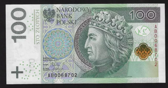 POLAND  100  ZLOTYCH  2012  P-186a  PREFIX (AB)  GEM   UNC