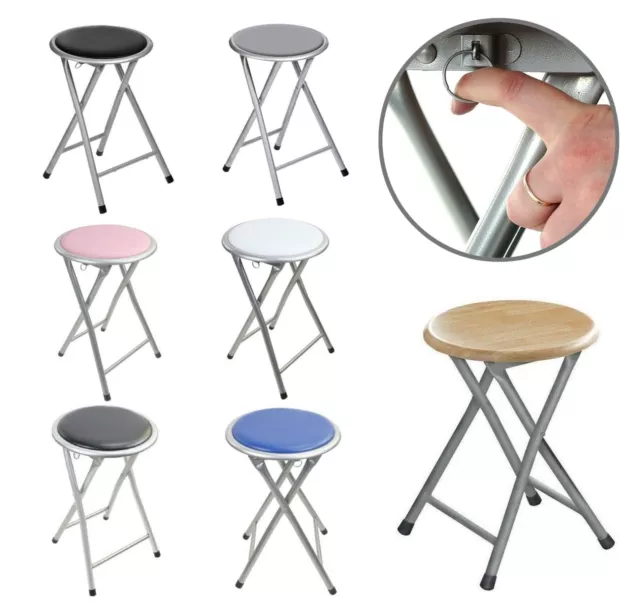 Folding Stool Round Chair Kitchen Breakfast Bar Office Stool Silver Frame Seat