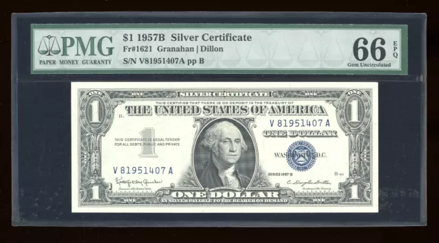 DBR $1 1957-B Silver Gem Fr. 1621 VA Block PMG 66 EPQ Serial V81951407A