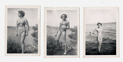 PHOTO ANCIENNE Maillot de bain Femme lot 3 photos Mer Pieds dans l'eau 1950