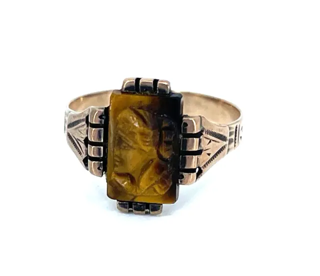 Victorian 10k Rose Gold Tiger Eye Intaglio Ring Size 5.5