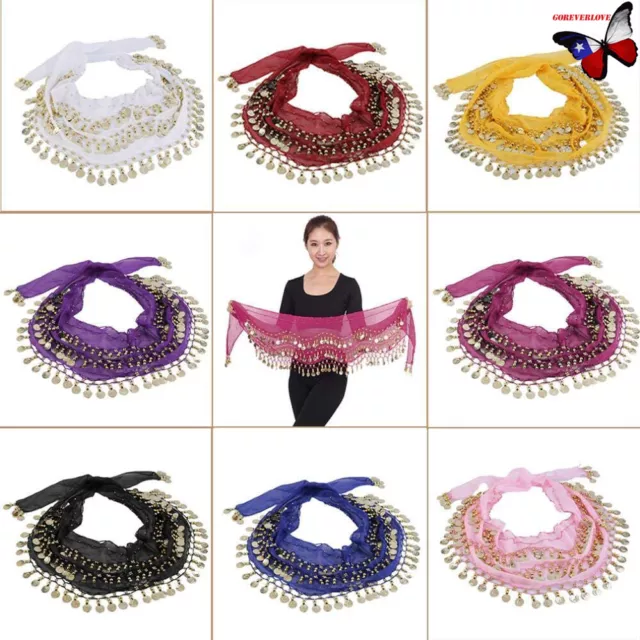 Chiffon Belly Dance Hip Scarf Wrap Belt Tribal Sash Skirt Silver Coins Costume