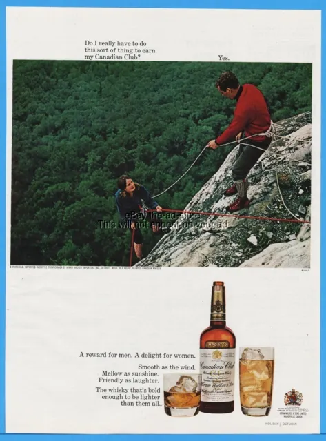 1967 Canadian Club Whiskey Mountain Climbing Couple Vintage Liquor Print Ad