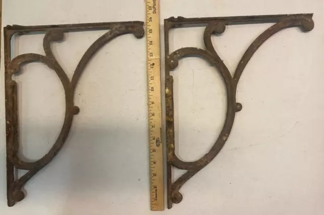 Vintage Pair Ornate Cast Iron Wall Mount Shelf Brackets Hanging Antique Set
