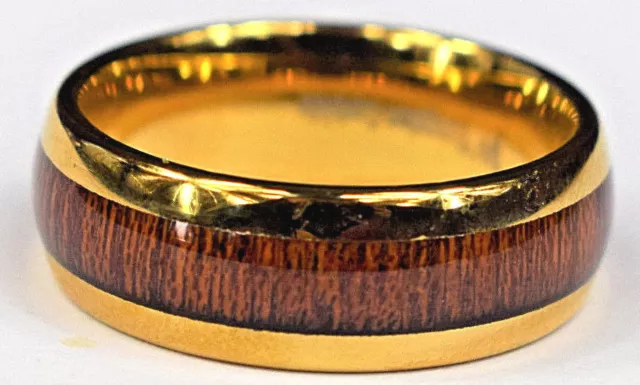 Tungsten Carbide Gold Wedding Men's Ring Koa Wood Inlay Comfort Fit Band 8mm