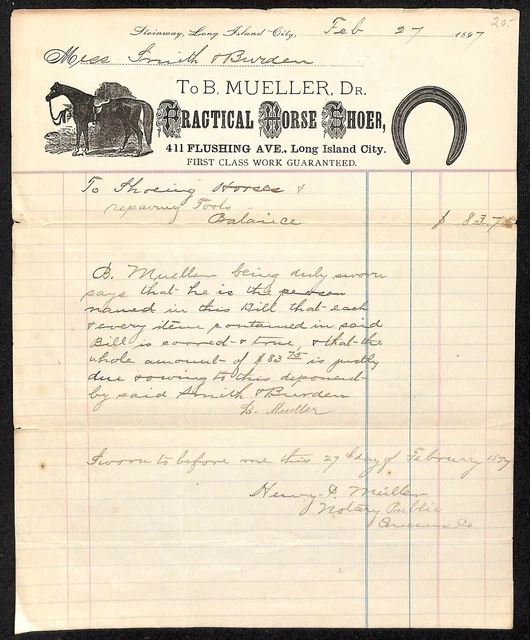1897 Steinway, Long Island City, NY Letterhead B. Mueller Practical Horse Shoer