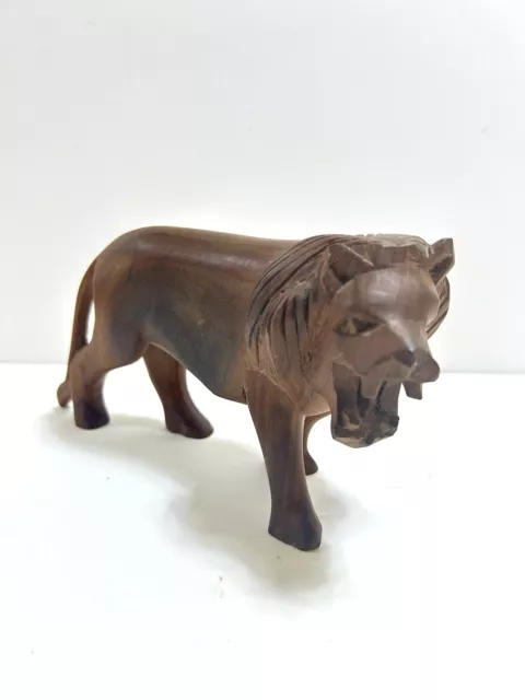 Vintage Solid Wood Hand Carved Lion Roaring Walking Sculpture