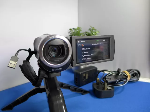 Sony HDR-CX320E Camcorder with mini tripod, touch screen, MIC input.