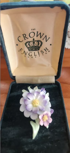 The Crown English Collection Vintage Hand Painted Floral Brooch Signed & Stamped