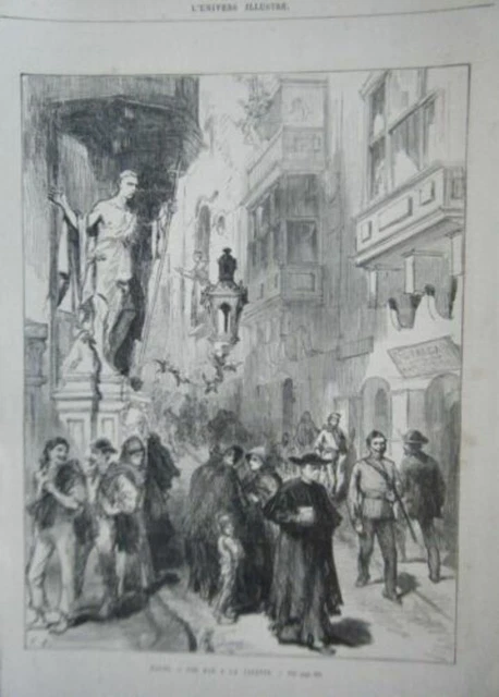 GRAVURE SUR BOIS 19ème MALTE UNE RUE DE LA VALETTE
