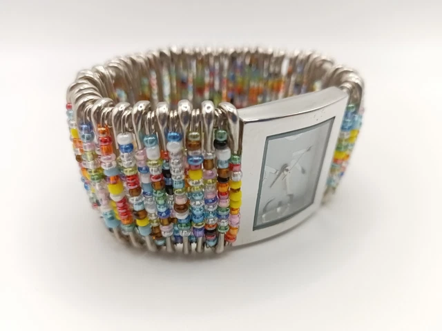 Rainbow Silver Tone Watch Safety Pin Vivid Bead Stretch Bracelet New Battery EUC