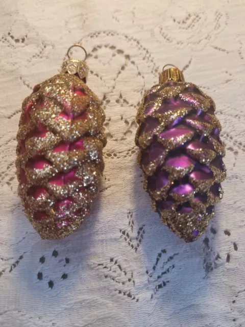 2 Vintage Pinecone Christmas Ornaments Glass Gold Flocked Red Purple 2.5 Inch