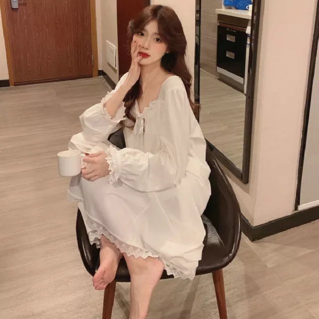 Lady Lolita Nightgown Maxi Nightdress White Lace Trim Long Puff Sleeve Sleepwear