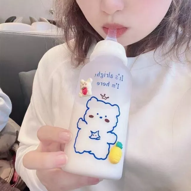 400ml Kawaii Plastic Strawberry Bear Glass Water Bottle For Kids Milk Bottles