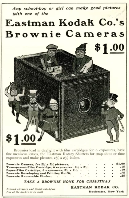 Anuncio original de cámara Eastman Kodak 1900 $1 Brownies Palmer Cox. Rochester
