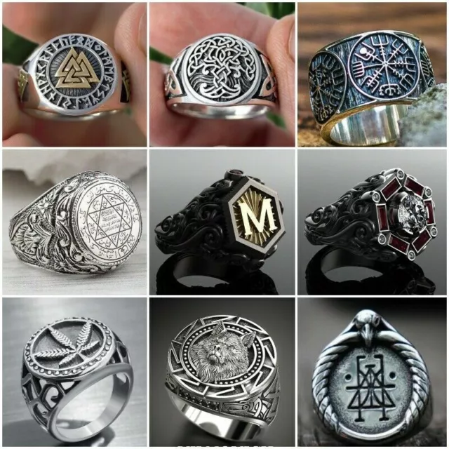 Mens Norse Viking Axe Compass Vegvisir Ring Stainless Steel Jewelry Size 7-13