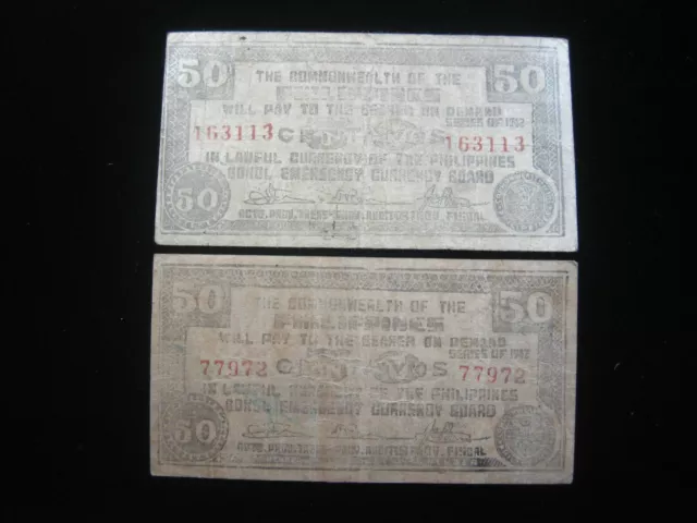 PHILIPPINES BOHOL 50 Centavos 1942 Pair WWII Emergency Currency 3113# Money