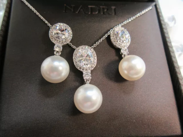 $98 Nadri Rhodium plated 10 mm Simulated Pearl and CZ Necklace & Earrings NIB