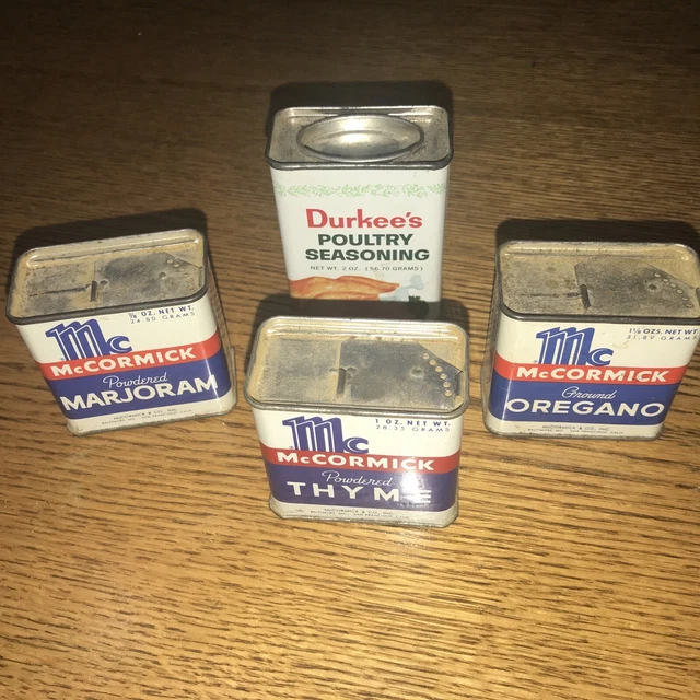 Vtg Lot of 3 McCormick Spice Tins Marjoram, Oregan, Thyme. 1 Durkee Poultry Seas