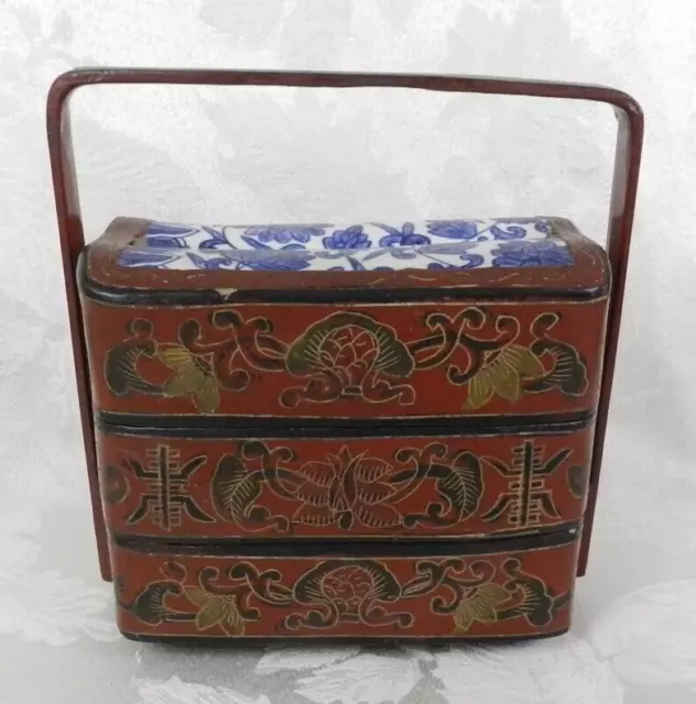Vtg Antique Chinese Red Lacquer Stacking Box Porcelain Top Lunch Wedding Basket