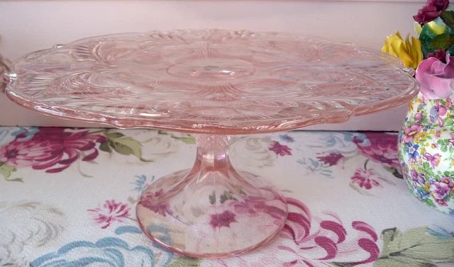 FuN PINK GLASS Cake Plate~11" D~PEDESTAL Mosser Rose Inverted Thistles~FREE SHIP