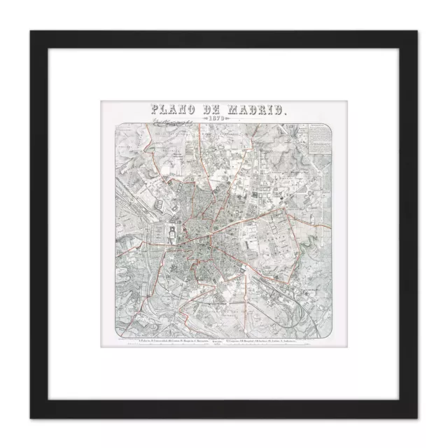 Map Antique Morales 1879 Madrid City Plan Old Replica Square Framed Art 8X8 In