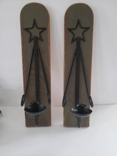 Wood & Hand Forged Wrought Iron Candle Sconces w/Star Detail Set of Two