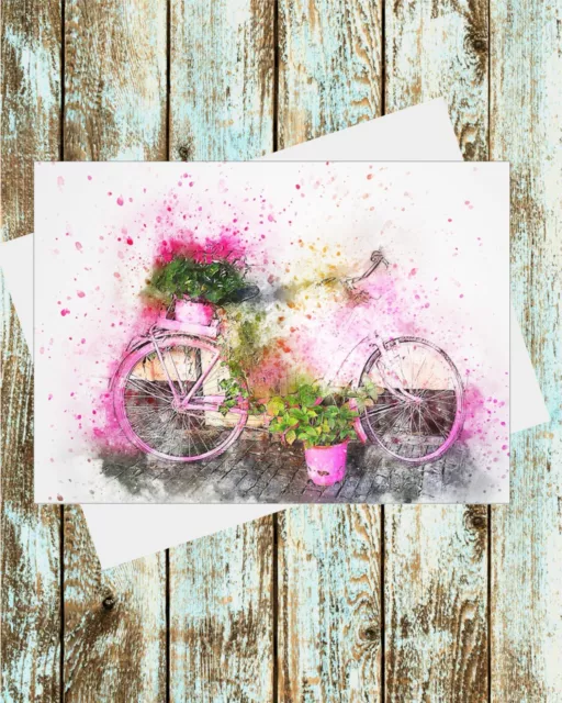 Set Of 6 Greeting Cards 5x7 Watercolor art Bicycle and Flowers