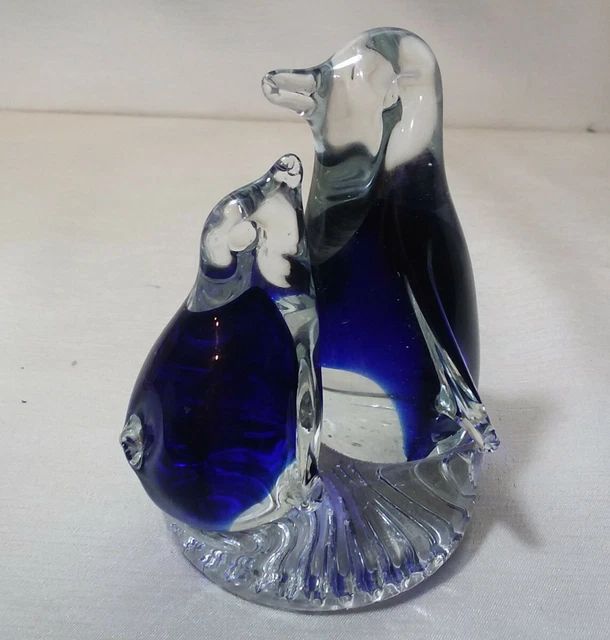 CLEAR AND COBALT Blue Glass Mother & Baby Penguins Figurine/Paperweight
