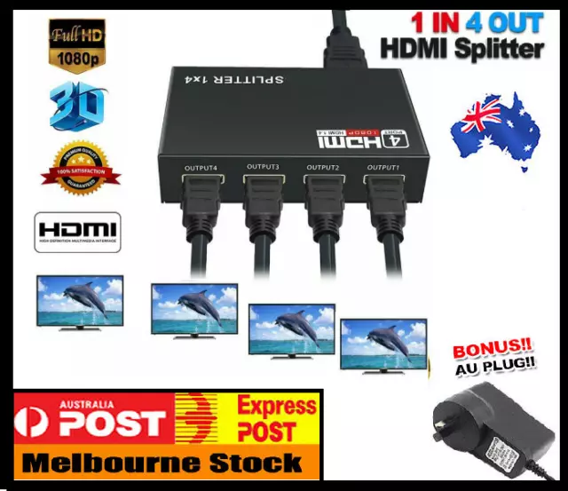 HDMI Splitter Amplifier 1X4 Way Out Duplicator Full HD 1080p 3D V1.4 Foxtel DVD
