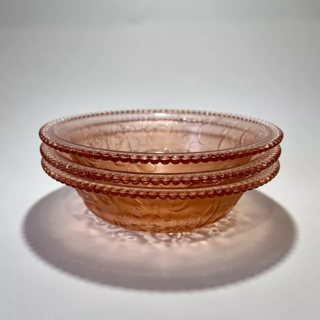 3 Pink Depression Glass Bowls. Floral Pattern. Boopie Hobnail Edging. 1930’s.