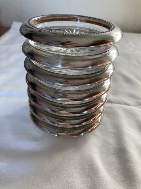 Vintage Leonard Silver Plate & Crystal Coasters 4” Set Of 7 Towle Silver Gift