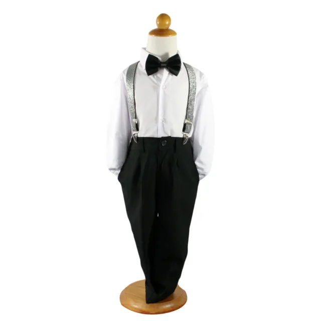 Baby page Boys 4pcs Formal Wedding smart suit black pant+Shirt+Bowtie+brace