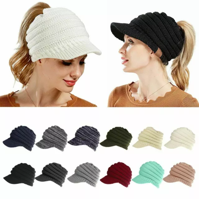 Womens Ladies Stretch Knit Hat Bun Ponytail Beanie Winter Warm Knitted Hole Cap