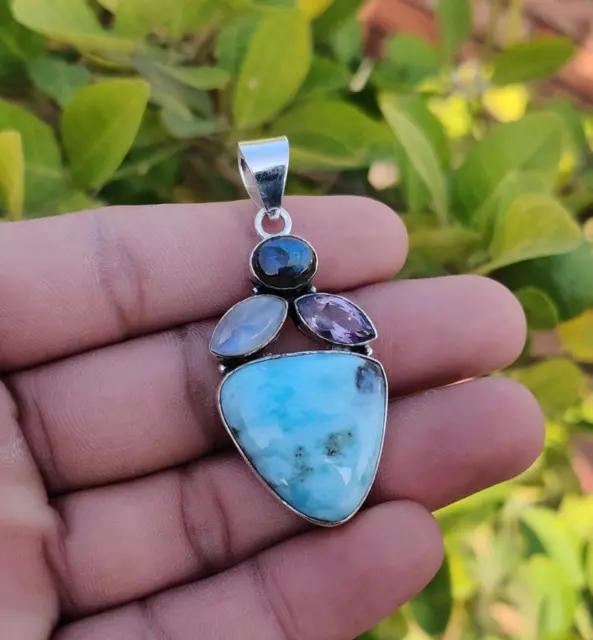 Natural Larimar Trillion Cut Solid 925 Sterling Silver Handmade Pendant H670