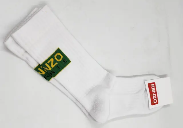 Kenzo Ribbed Knit Cotton Blend Logo Crew Socks Men's 39-41 White/Green Stretch