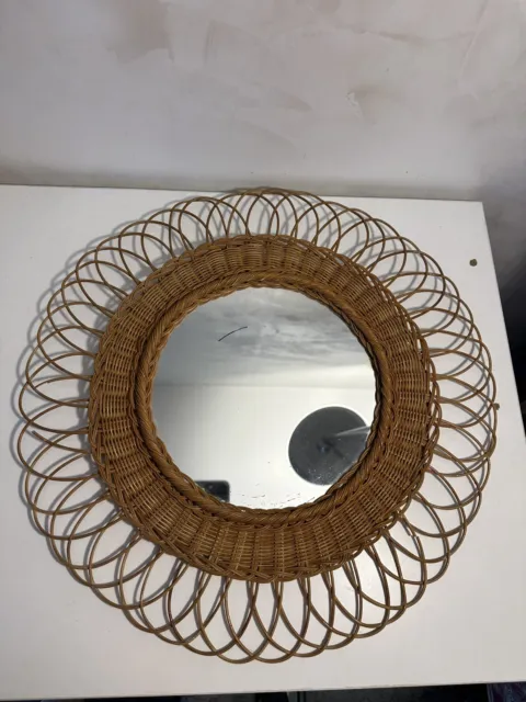 ancien miroir soleil  en rotin Osier  vintage années 50/60  Diamètre  43 Cm